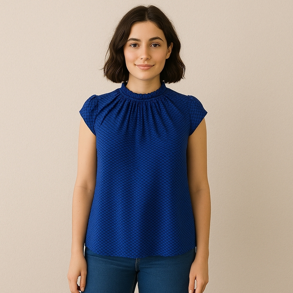 Women’s Royal Blue Textured Blouse – High Neck, Cap Sleeve, Size L